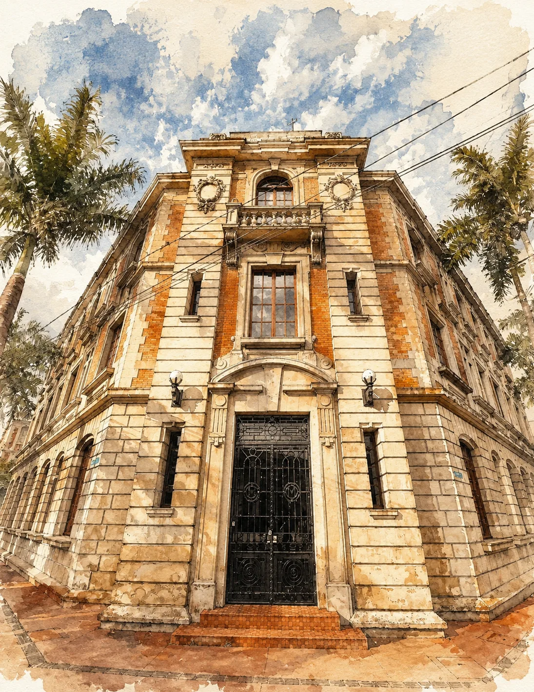 Acuarela de la esquina histórica de la Facultad de Medicina de la Universidad de Antioquia.